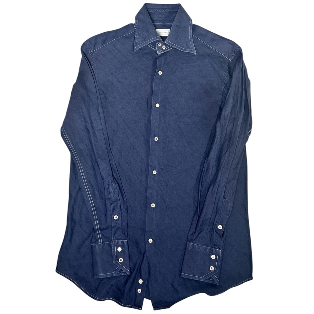 Grifoni Dark Navy Blue Slanting Stripe Pattern Casual Button Down Dress Shirt